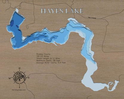 3d Lake Map of Hayes Lake in Roseau County, MN engraved wood map, showcasing accurate topographical features.