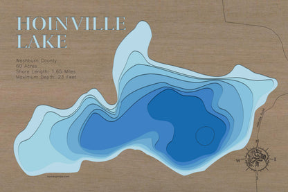 Detailed wooden relief map of Hoinville Lake in Washburn County, WI, showcasing its natural beauty.