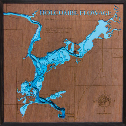 Artisanally carved wooden lake map of Holcombe Flowage in Chippewa and Rusk Counties, WI, highlighting bathymetry.