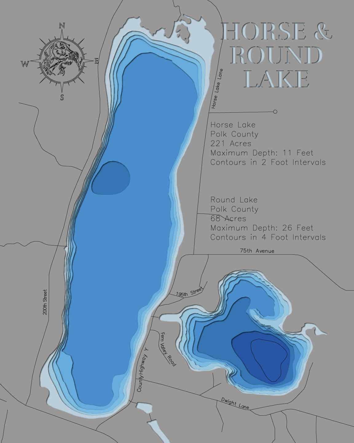 3d Depth Map of Horse and Round Lakes in Polk County, WI