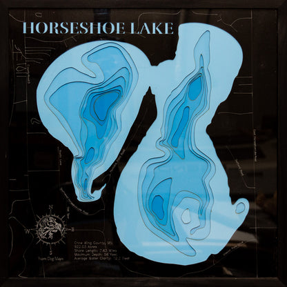 Horseshoe Lake in Crow Wing County, MN engraved wood map, showcasing accurate topographical features.