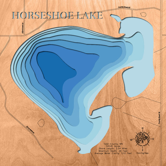 Custom wooden map of Horseshoe Lake in Todd County, MN with layered depth highlights.