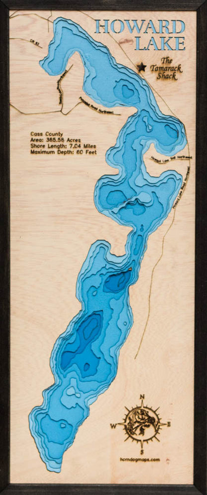 Artisanally carved wooden lake map of 3D Wooden Lake Map of Howard Lake in Cassa County, Minnesota, highlighting bathymetry.