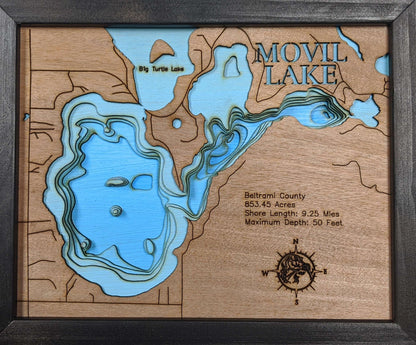 Custom wooden map of 3d Map of Movil Lake in Beltrami County, MN with layered depth highlights.