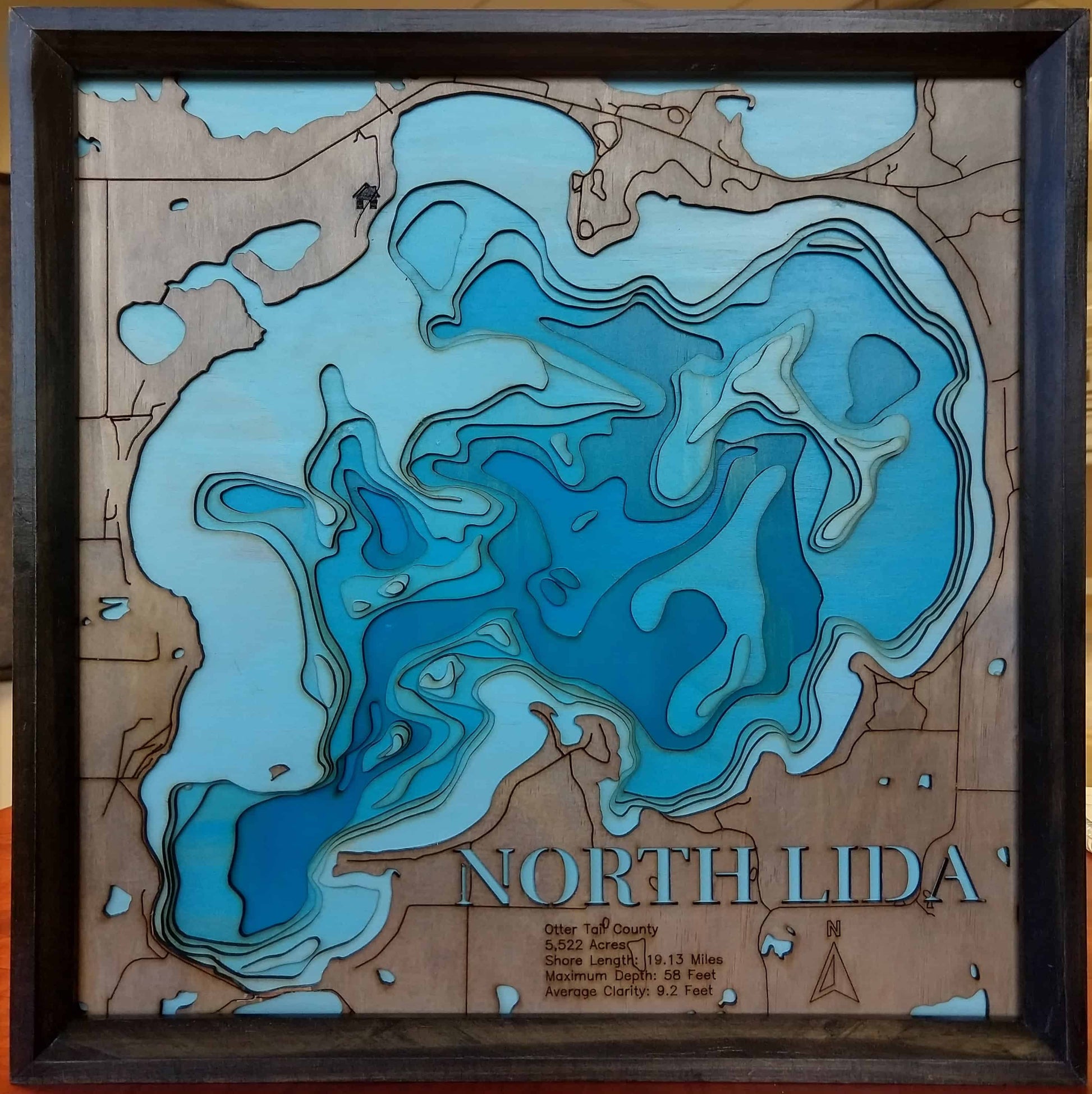 Precision-cut wooden map of North Lida (Otter Tail) - horn-dog-maps, perfect for unique decor.