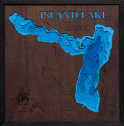 Exquisite wooden map of Island Lake in Hubbard County, MN with detailed lakebed features.