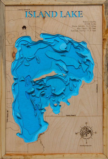 Exquisite wooden map of Island lake in Itasca County,Minnesota with detailed lakebed features.