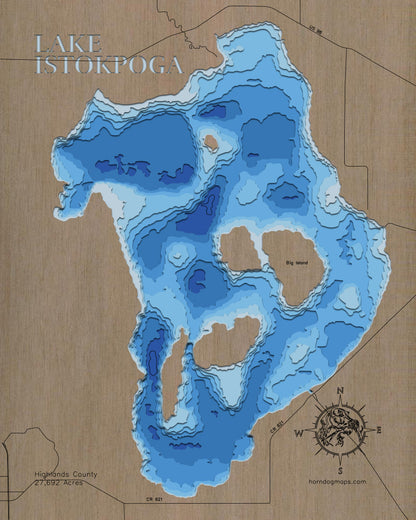 3d Lake Map of Lake Istokpoga in Highlands County, FL 3D depth map, laser cut from high-quality wood.