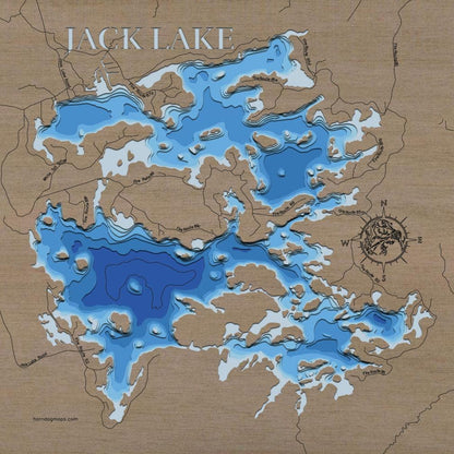 Detailed wooden relief map of Jack Lake in Ontario, Canada, showcasing its natural beauty.