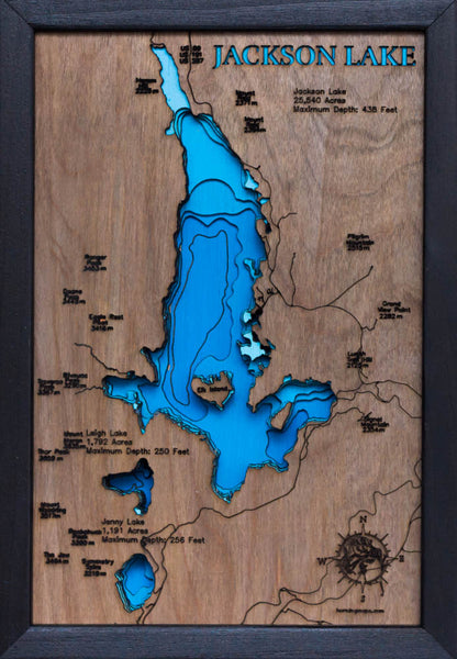 Jackson, Leigh, and Jenny Lake in Grand Teton National Park in stunning 3D wood map design, with detailed topography.