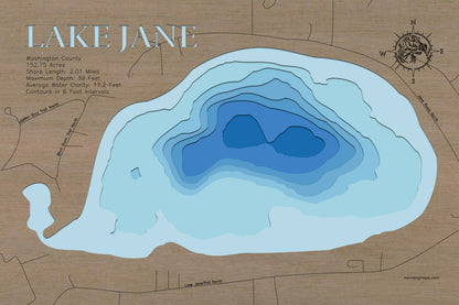 Handcrafted 3D wood map of Lake Jane in Washington County, MN, ideal for lake enthusiasts.