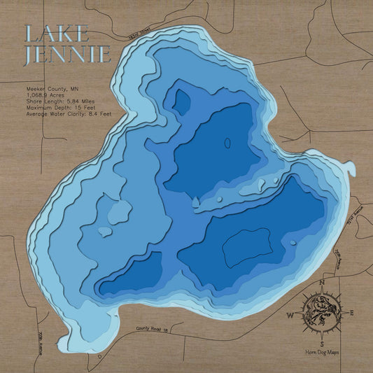 Lake Jennie in Meeker County, MN 3D depth map, laser cut from high-quality wood.