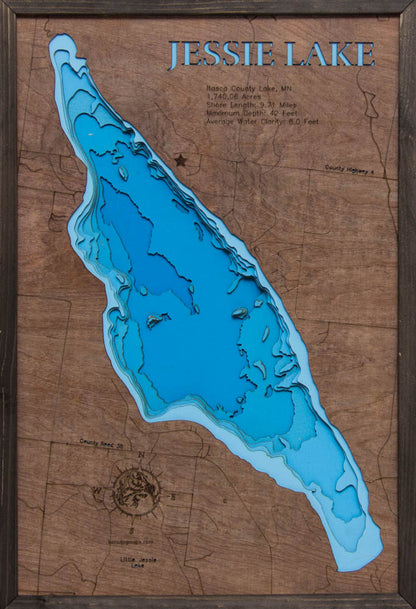 Precision-cut wooden map of Jessie Lake in Itasca County, MN, perfect for unique decor.