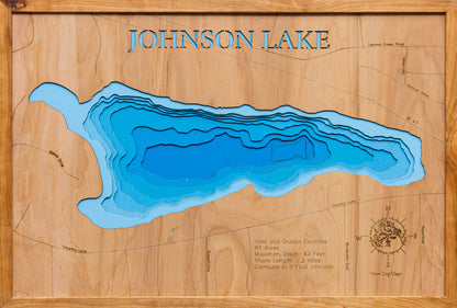 Exquisite wooden map of 3D Wooden Lake Map of Johnson Lake in Vilas and Oneida Counties, WI with detailed lakebed features.