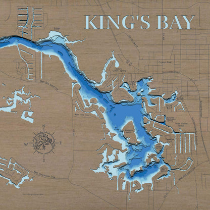 Artisanally carved wooden lake map of Kings Bay in Citrus County, FL, highlighting bathymetry.