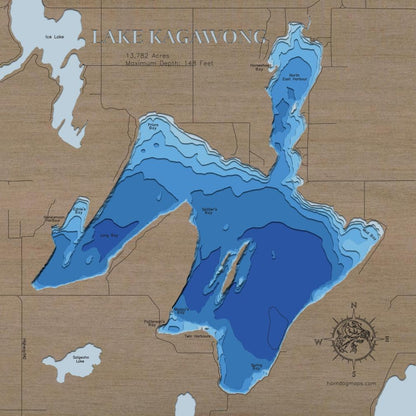 Lake Kagawong in Ontario, Canada in stunning 3D wood map design, with detailed topography.