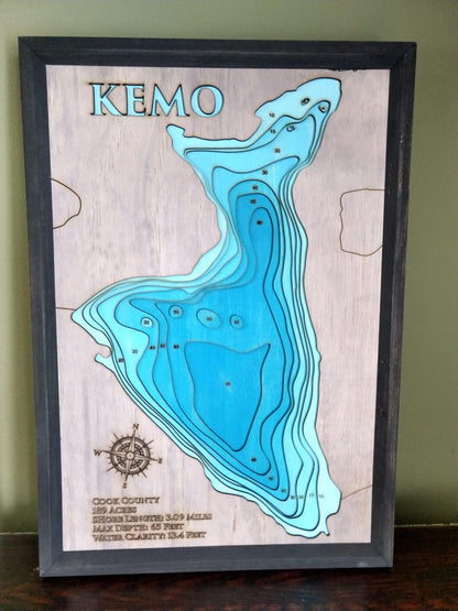 Unique wooden lake map of Kemo (Cook) - horn-dog-maps, featuring intricate depth details.