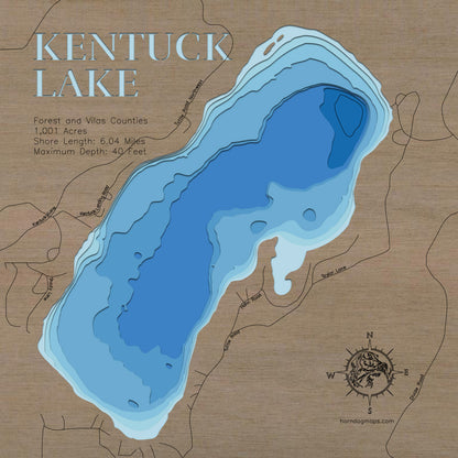 Precision-cut wooden map of Kentuck Lake in Forest and Vilas County, WI, perfect for unique decor.