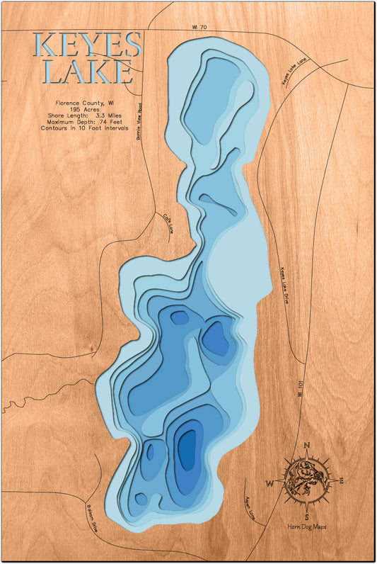 Unique wooden lake map of Keyes Lake in Florence County, WI, featuring intricate depth details.