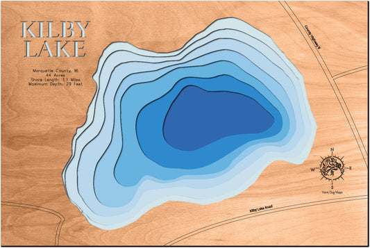 Artisanally carved wooden lake map of Kilby Lake in Marquette County, WI, highlighting bathymetry.