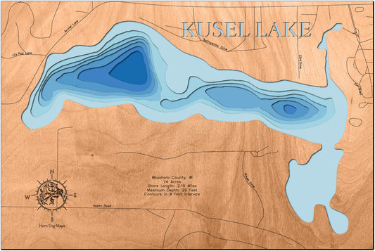 Handcrafted 3D wood map of Kusel Lake in Waushara County, WI, ideal for lake enthusiasts.