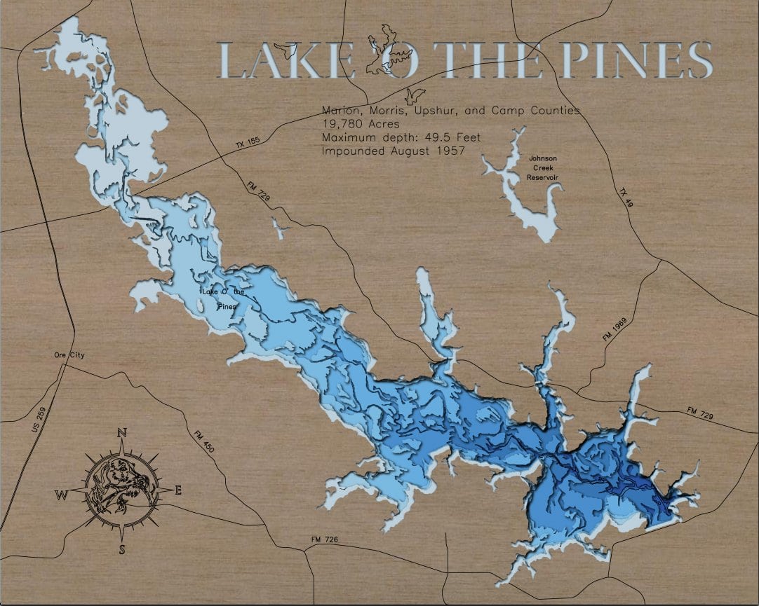 3d Depth Map of Lake O' The Pines in Marion, Morris, Upshur, and Camp Counties, Texas