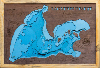 Lac Vieux Desert in Vilas County, WI and Gogebic County, MI in stunning 3D wood map design, with detailed topography.