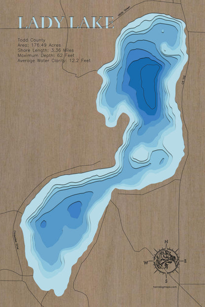 Lady Lake in Todd County, MN 3D depth map, laser cut from high-quality wood.