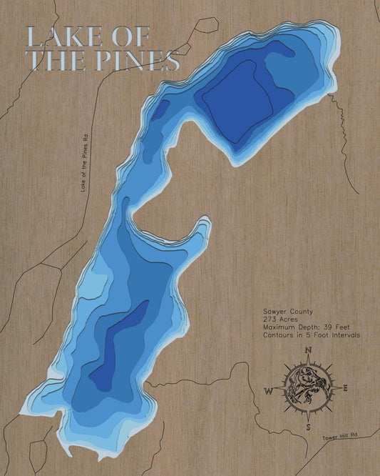 3d Depth Map of Lake of the Pines in Sawyer County, WI custom 3D wood map, perfect for home decor and gifts.