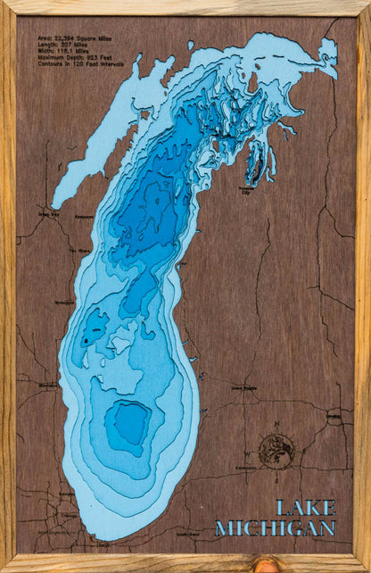 Lake Michigan engraved wood map, showcasing accurate topographical features.