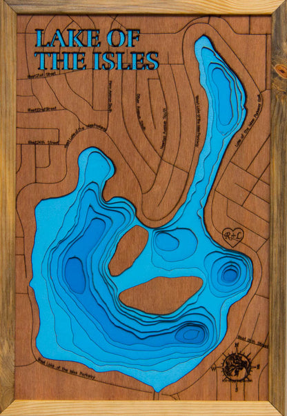 Lake of the Isles in Hennepin County, MN 3D depth map, laser cut from high-quality wood.