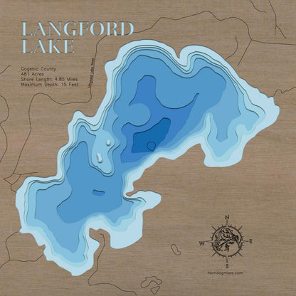 Exquisite wooden map of Langford Lake in Gogebic County, MI with detailed lakebed features.