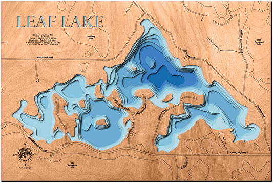 Decorative 3D wooden lake map of Leaf Lake in Becker County, MN, crafted with care.