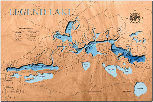 High-definition wooden relief map of Legend Lake in Menominee County, WI, handmade for durability.