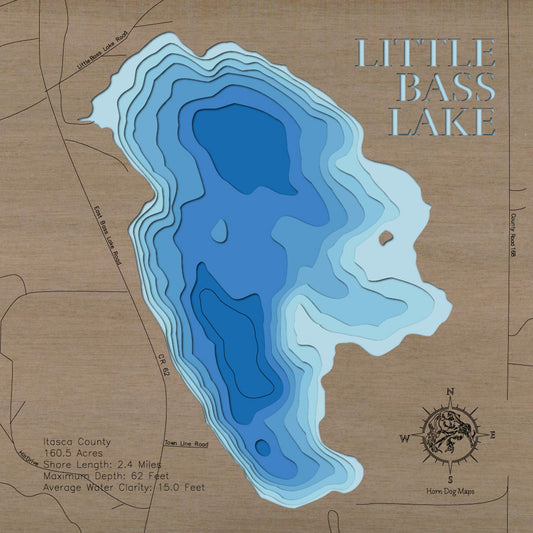 Laser-engraved relief map of Little Bass Lake in Itasca County, MN, crafted from wood with high precision.