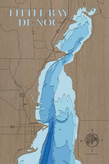 Handcrafted 3D wood map of Little Bay De Noc, ideal for lake enthusiasts.