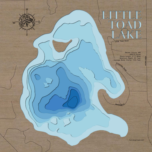Exquisite wooden map of Little Toad Lake in Becker County, MN with detailed lakebed features.
