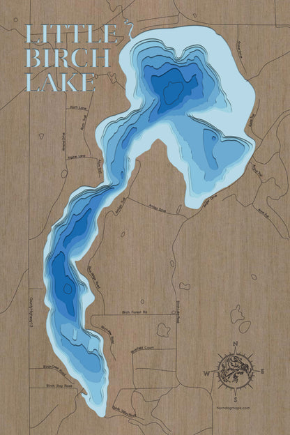 High-definition wooden relief map of Little Birch Lake in Todd County, MN, handmade for durability.