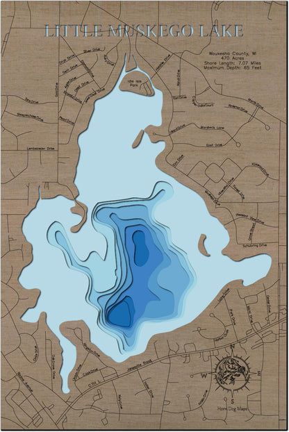 3D wooden lake map of Little Muskego Lake in Waukesha County, WI, showcasing detailed depth layers and contours.