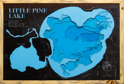 High-definition wooden relief map of Little Pine Lake in Otter Tail County, MN, handmade for durability.