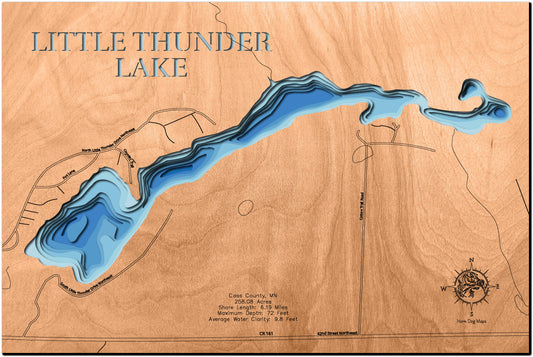 Unique wooden lake map of Little Thunder Lake in Cass County, MN, featuring intricate depth details.