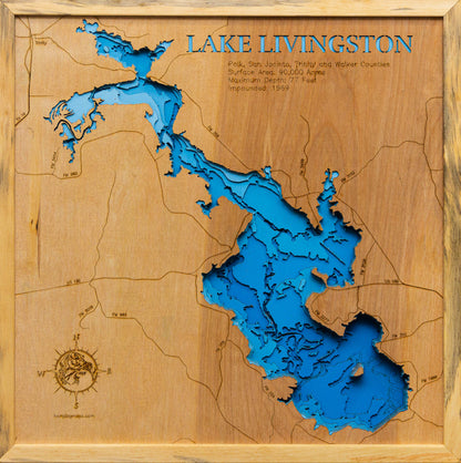 Lake Livingston in TX in stunning 3D wood map design, with detailed topography.