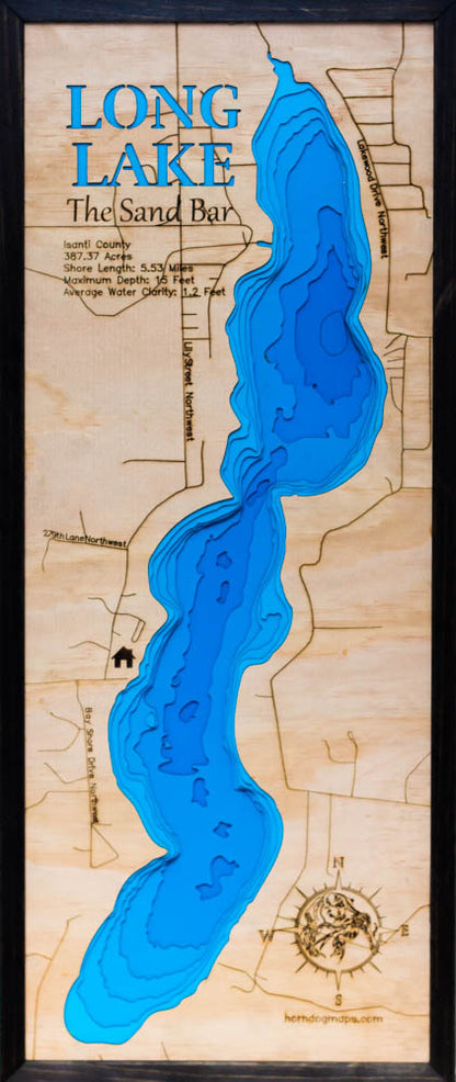 High-definition wooden relief map of 3D Wooden Lake Map of Long Lake in Isanti County, Minnesota, handmade for durability.