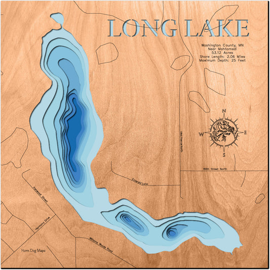 Long Lake in Washington County, MN, Near Mahtomedi custom 3D wood map, perfect for home decor and gifts.