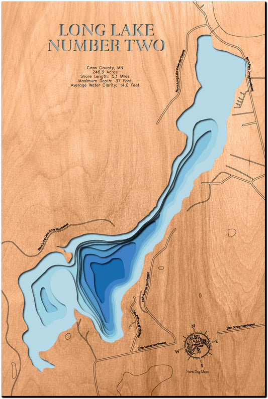 Long Lake Number Two in Cass County, MN custom 3D wood map, perfect for home decor and gifts.