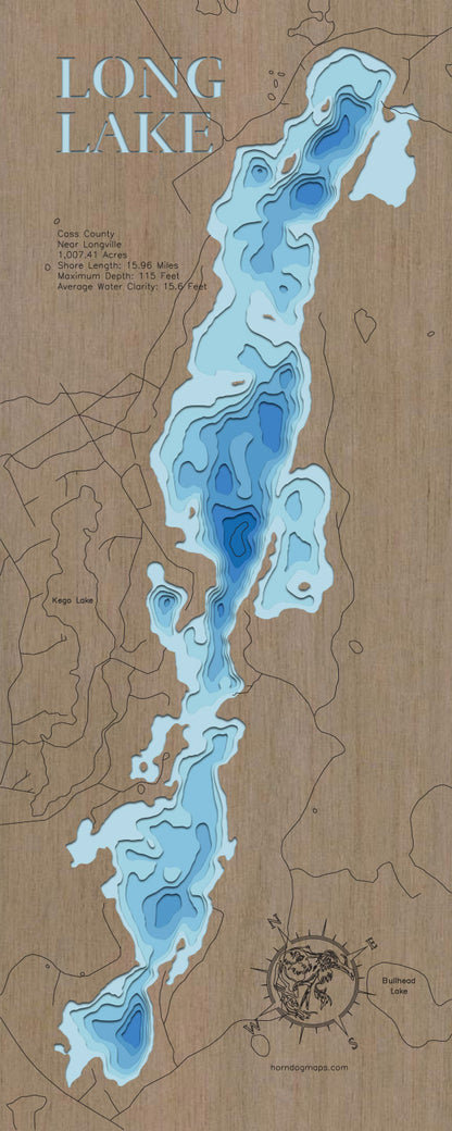 Long Lake in Cass County, Minnesota engraved wood map, showcasing accurate topographical features.