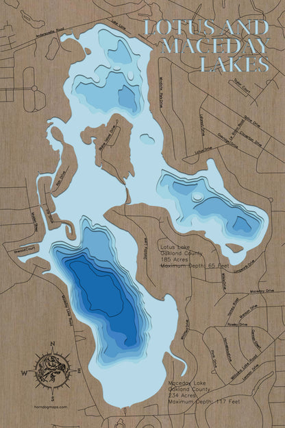 Handcrafted 3D wood map of Lotus and Maceday Lakes in Oakland County, MI, ideal for lake enthusiasts.