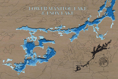 3D wooden lake map of Lower Manitou and Esox Lake in Ontario, Canada, showcasing detailed depth layers and contours.