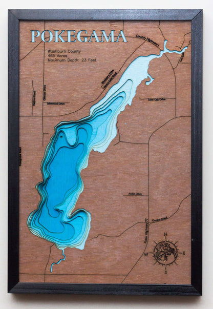 Pokegama (Washburn) - horn-dog-maps engraved wood map, showcasing accurate topographical features.