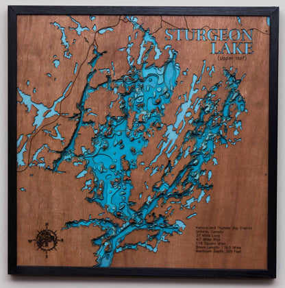 Custom wooden map of 3d Lake Map of Sturgeon Lake in Ontario, Canada with layered depth highlights.